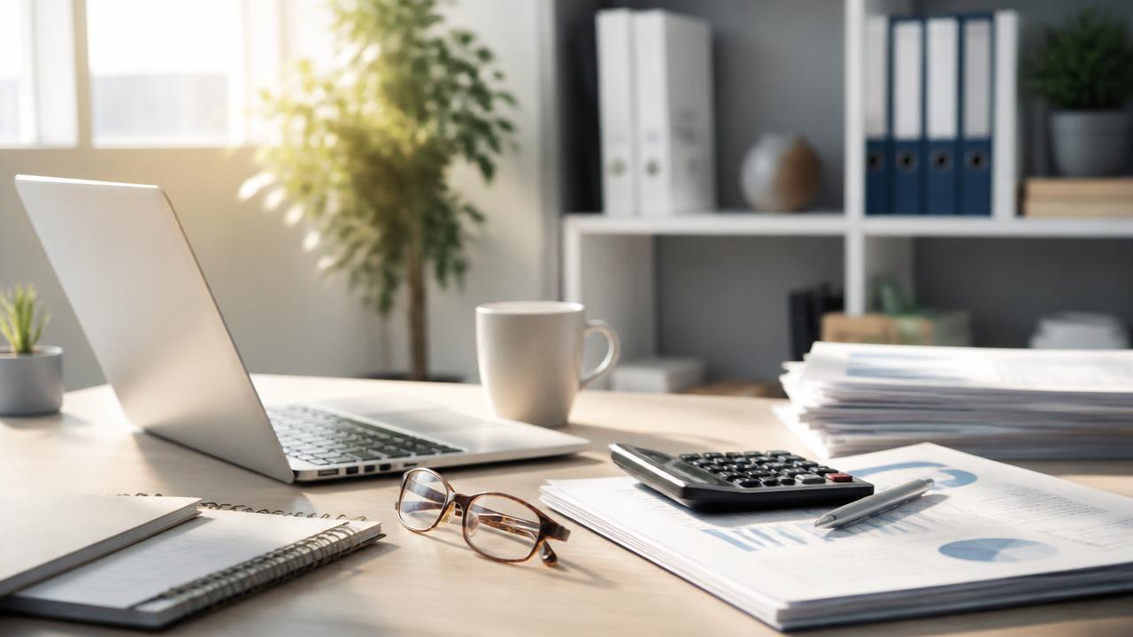 Professional bookkeeping workspace with organized financial documents and laptop